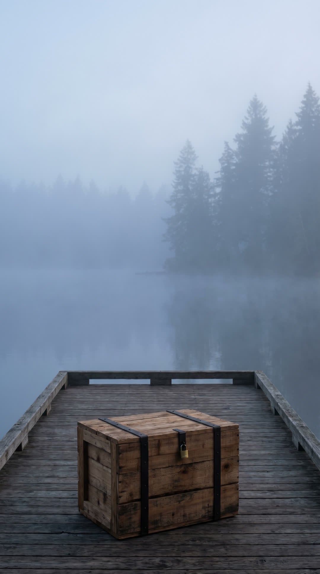 A wooden crate on a misty dock at dawn.