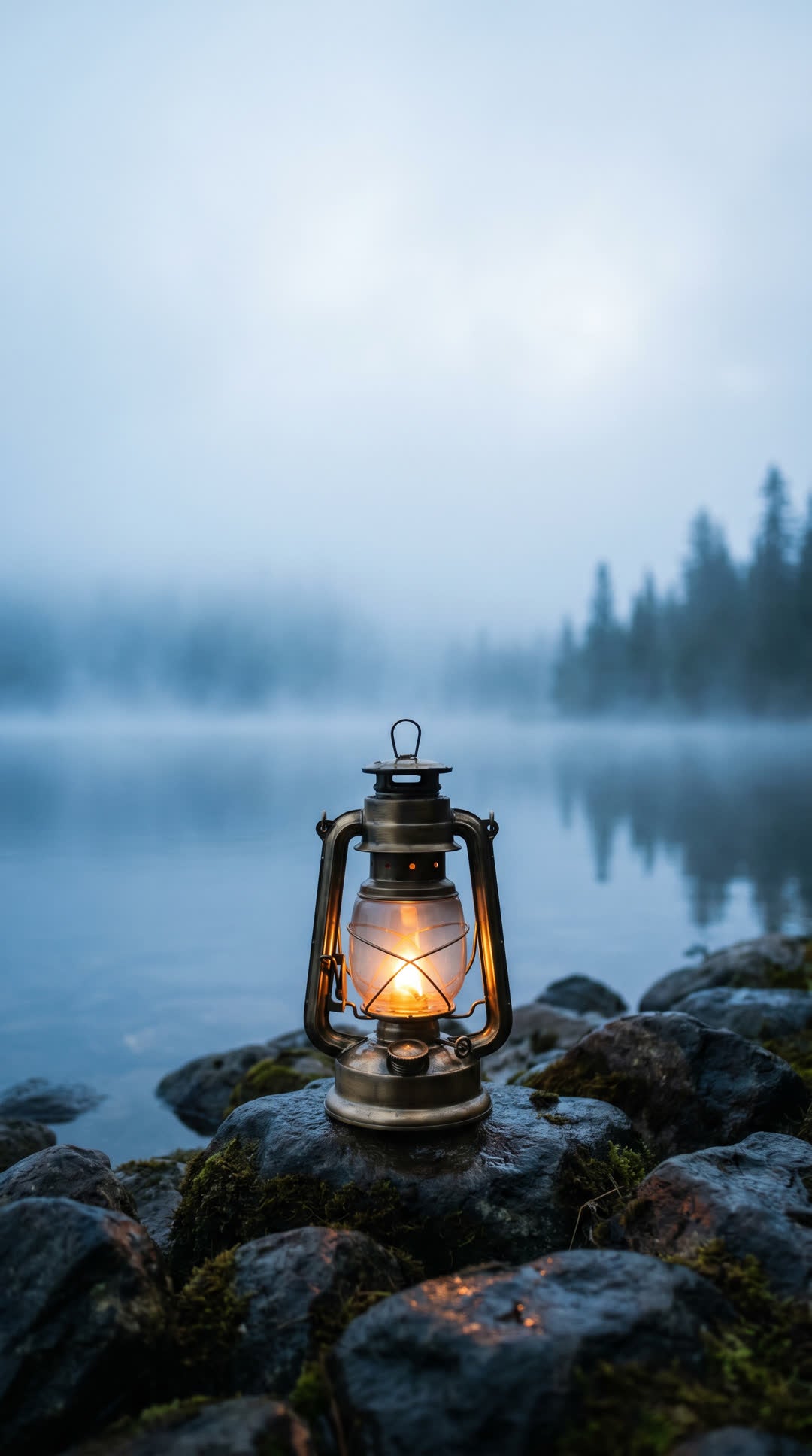 A brass lantern glowing on wet lakeside stones.