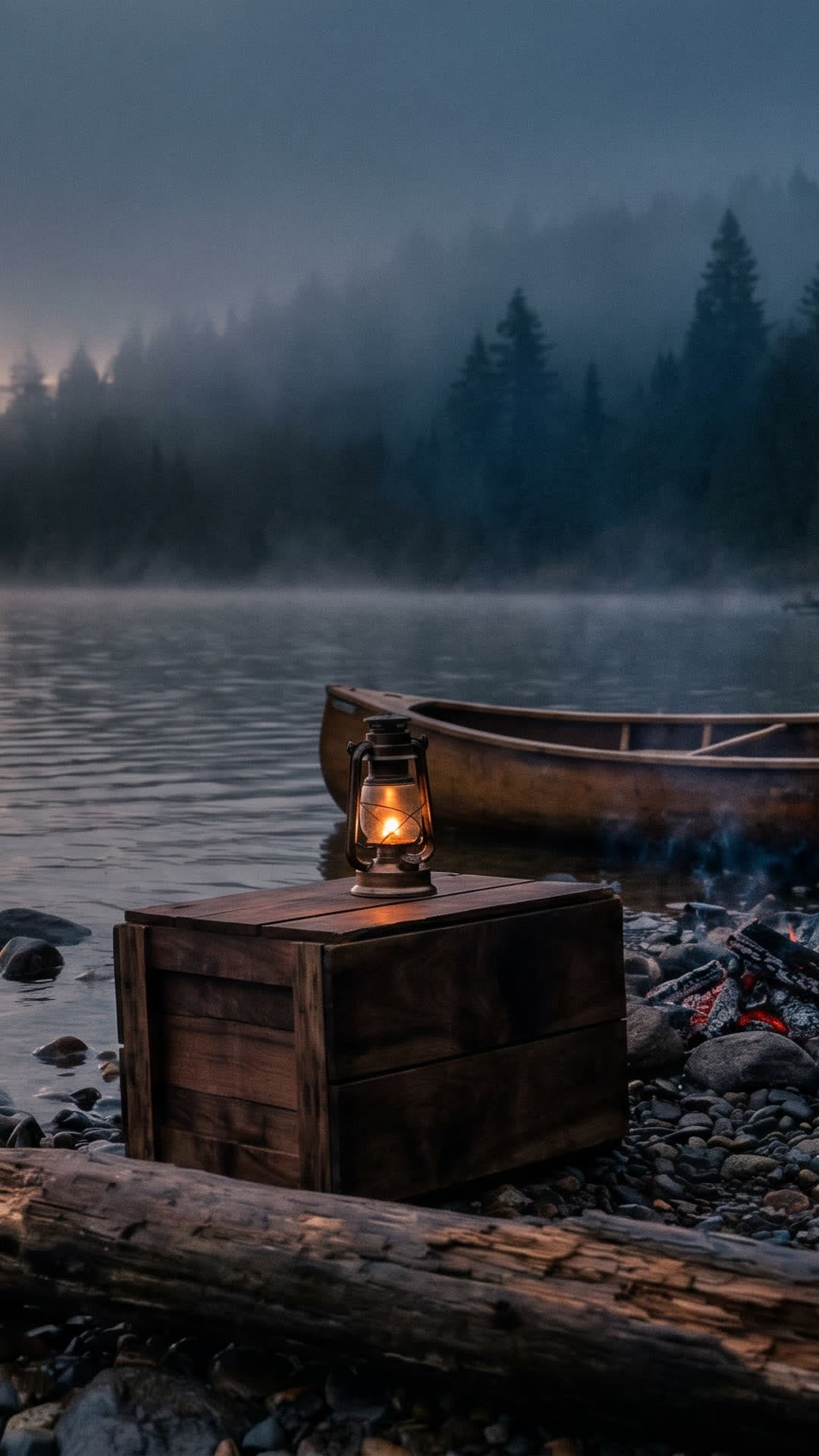 The hero scene campfire glowing beside a closed walnut crate on the misty shoreline.