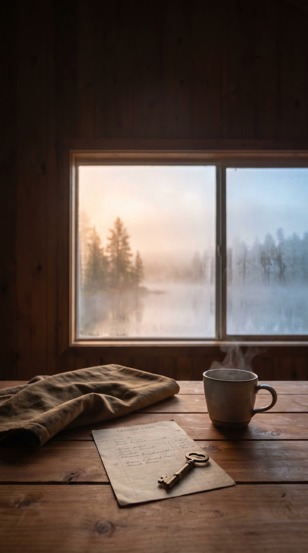 A still life of a paper ledger, brass key, and cup beside a misty lake.
